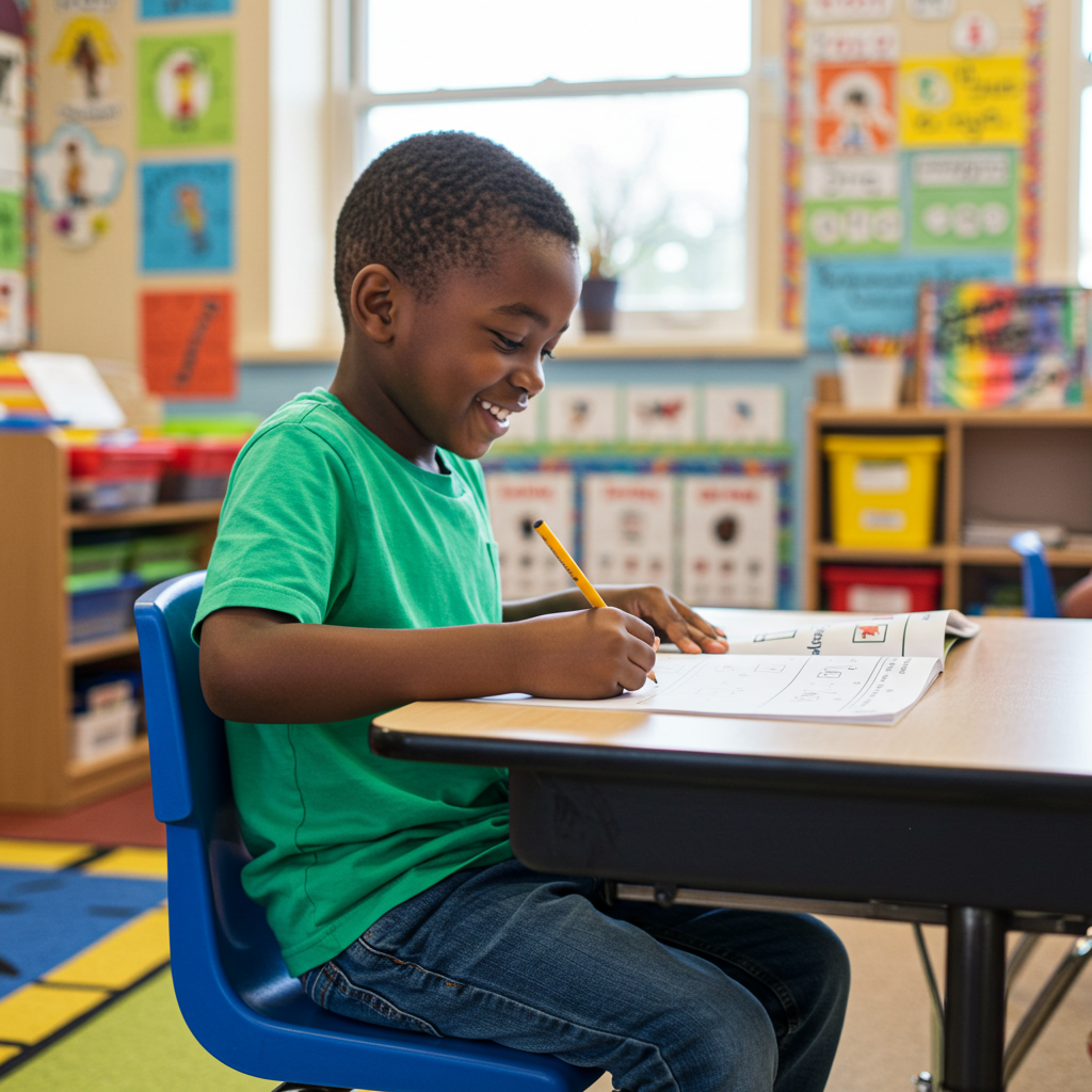 A black young boy in class