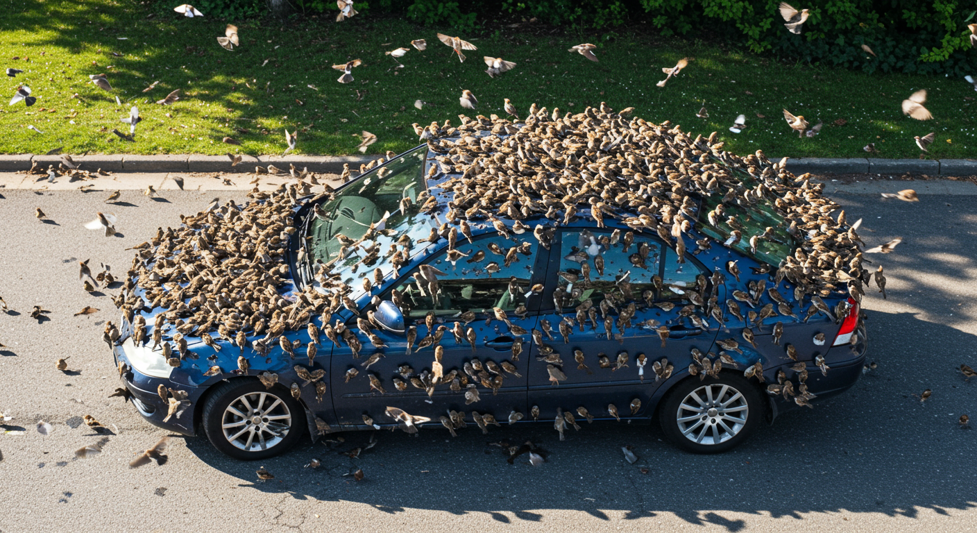 Top-down view of lots of birds on a blue car