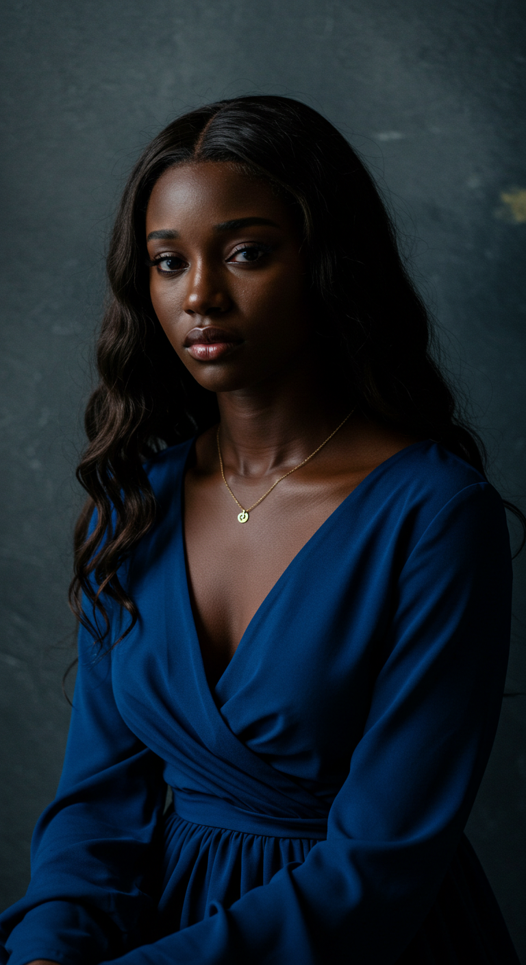 A pretty black woman in a blue dress with a sad face #1