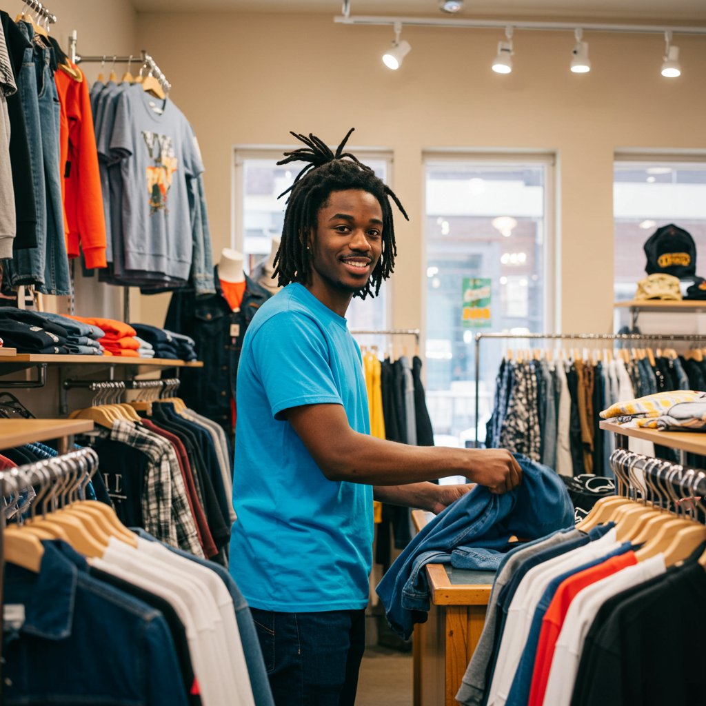 A young black man in a blue shirt working in his clothes shop