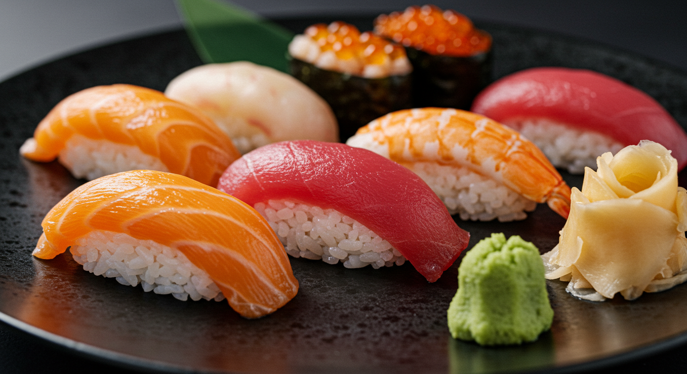 A vibrant plate of sushi beautifully arranged