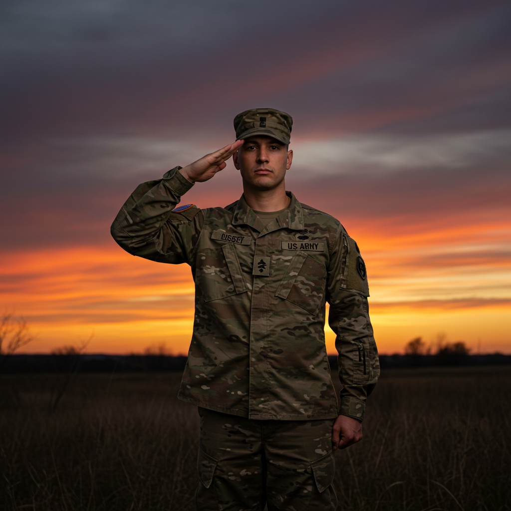 a soldier saluting with sunset in background #4