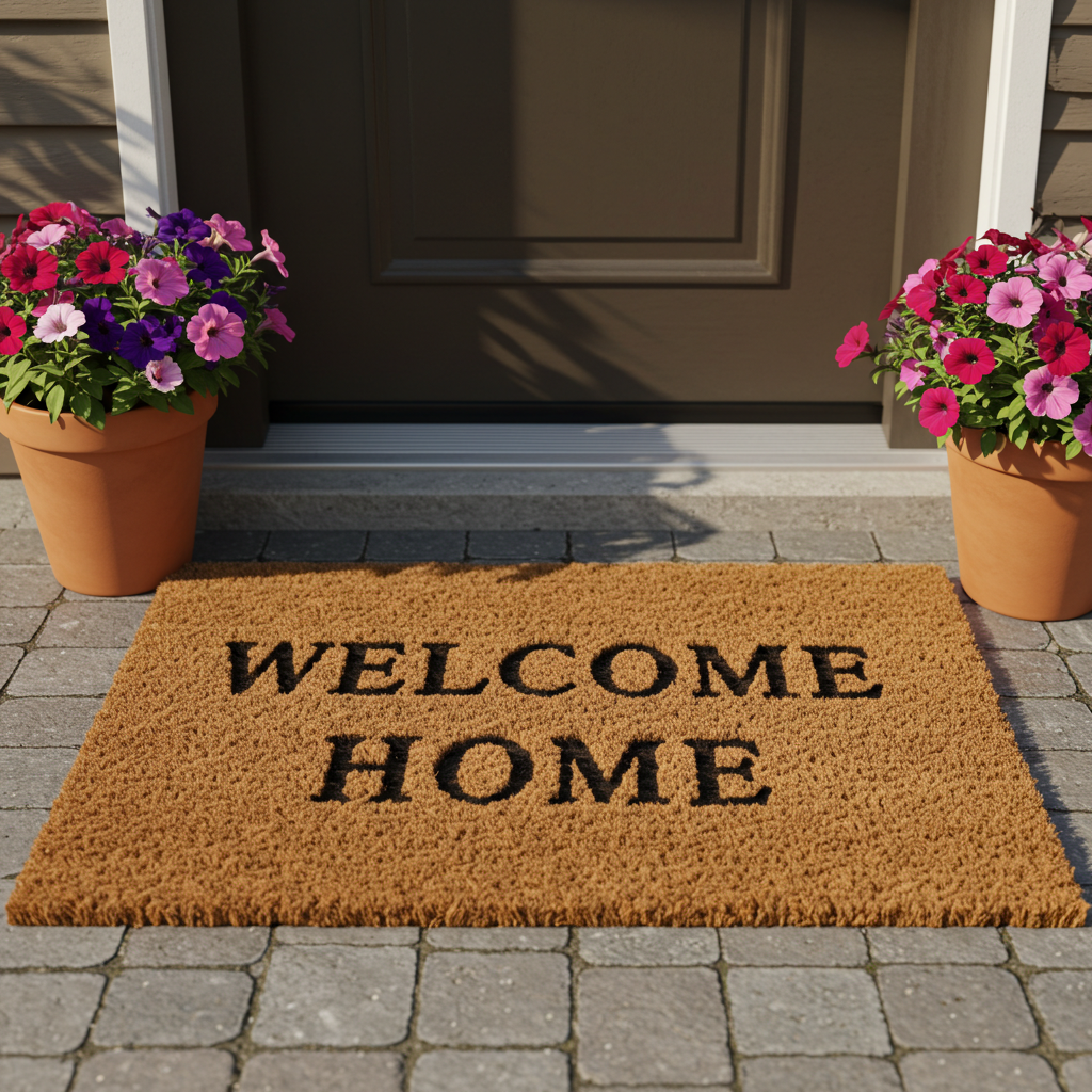 Doormat at the entrance of a home with the text ‘Welcome Home’ and flower pots beside it #3