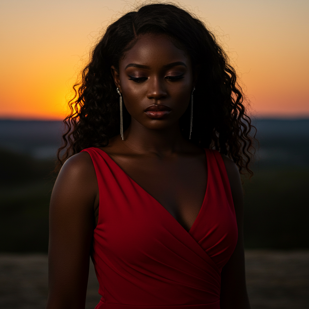 A pretty black woman in a red dress with a sad face #1