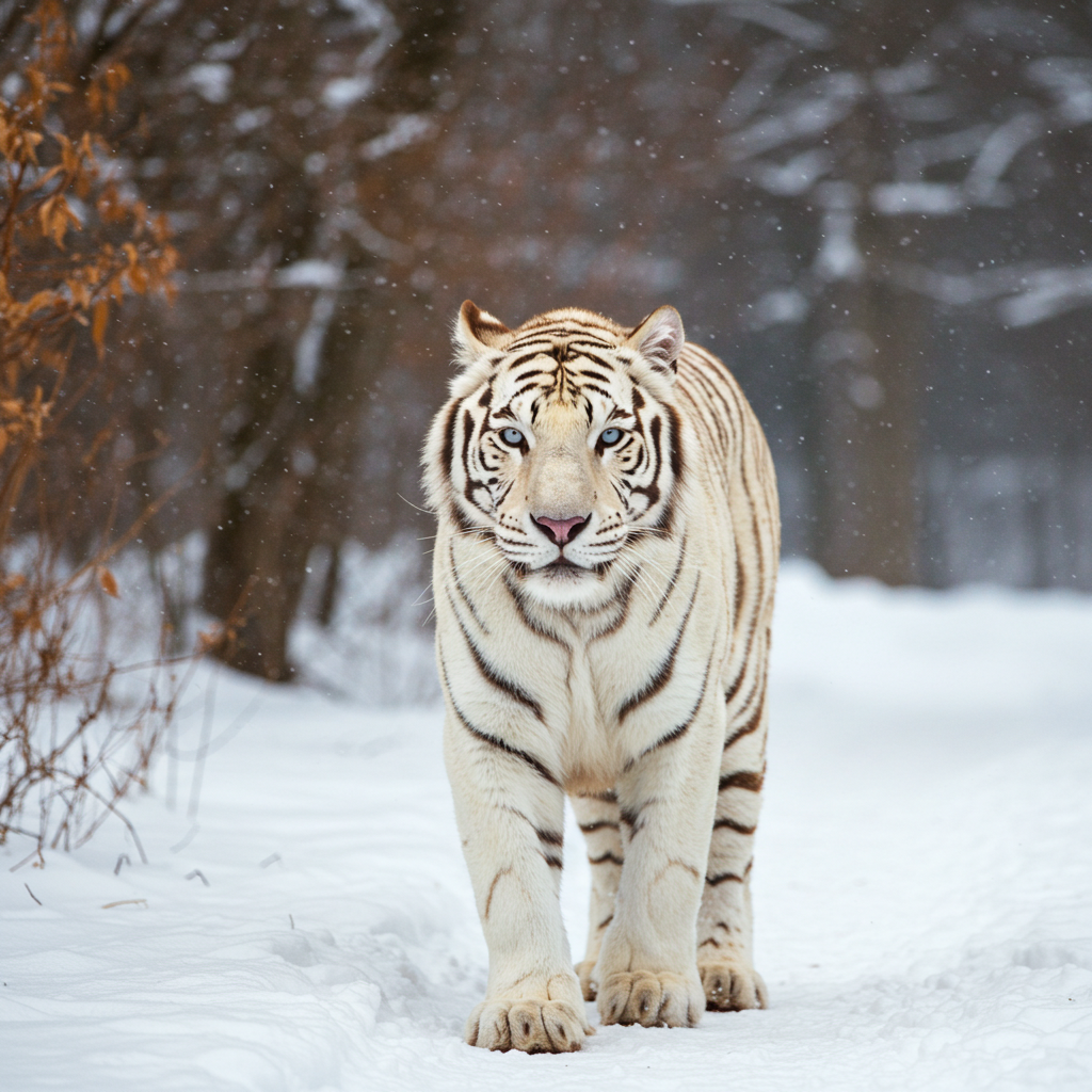A majestic white tiger walking through a snowy forest #2