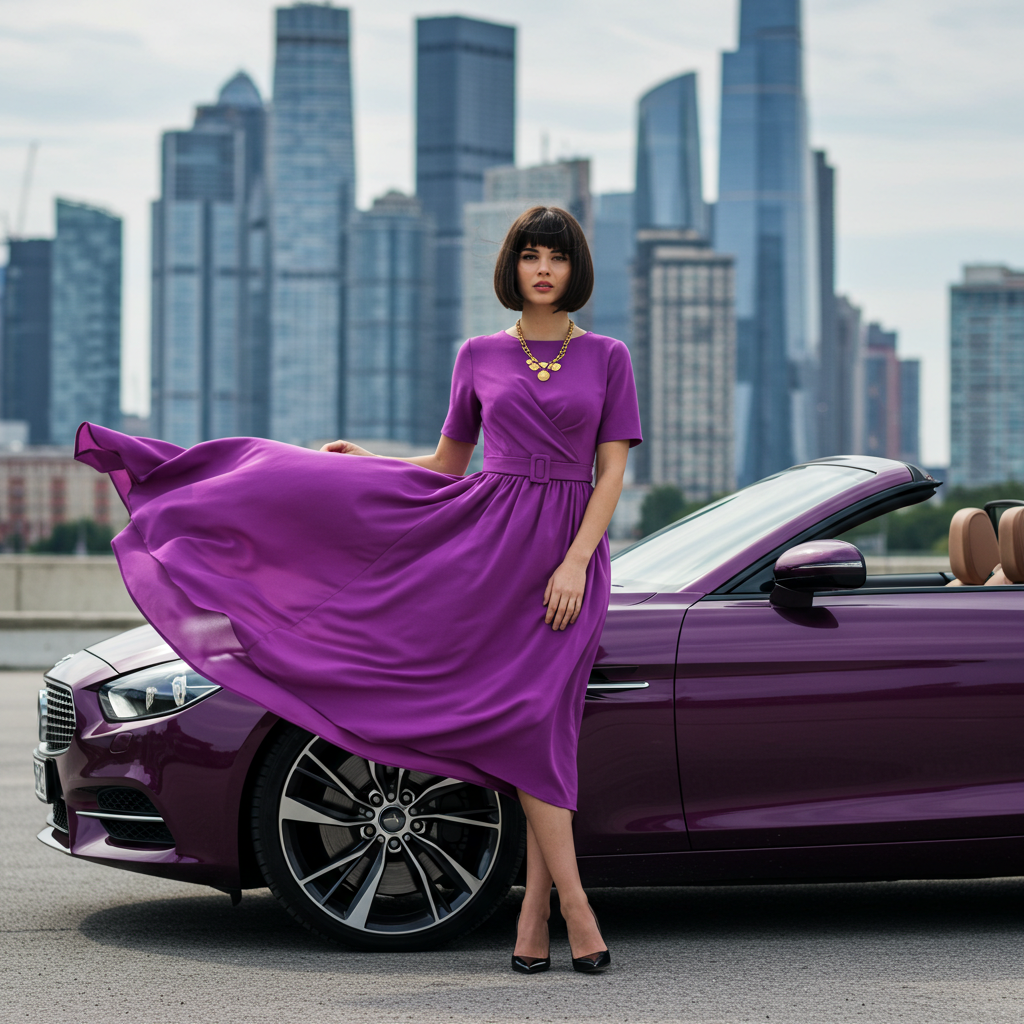 A fashion lady in purple standing by her purple car