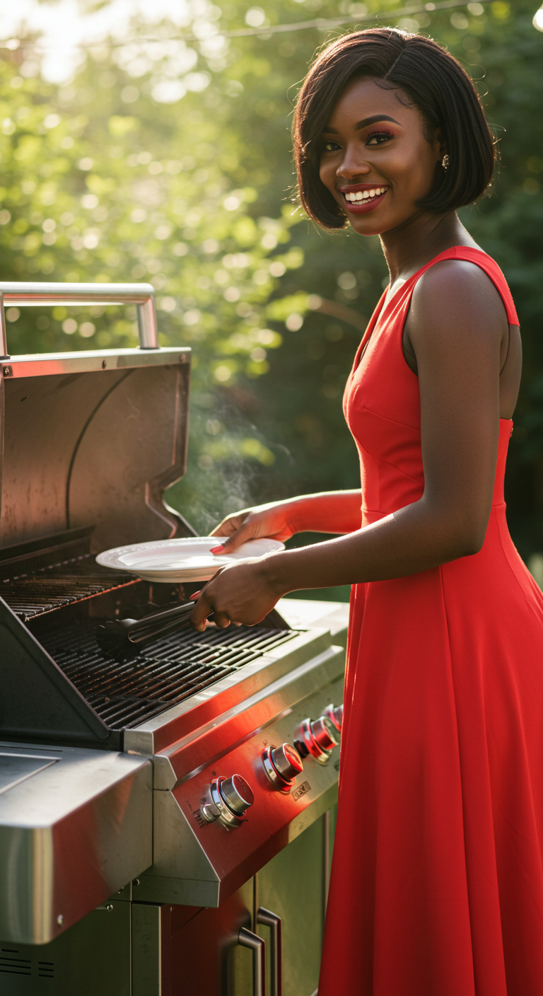 A pretty black woman in a red dress with a sad face #1