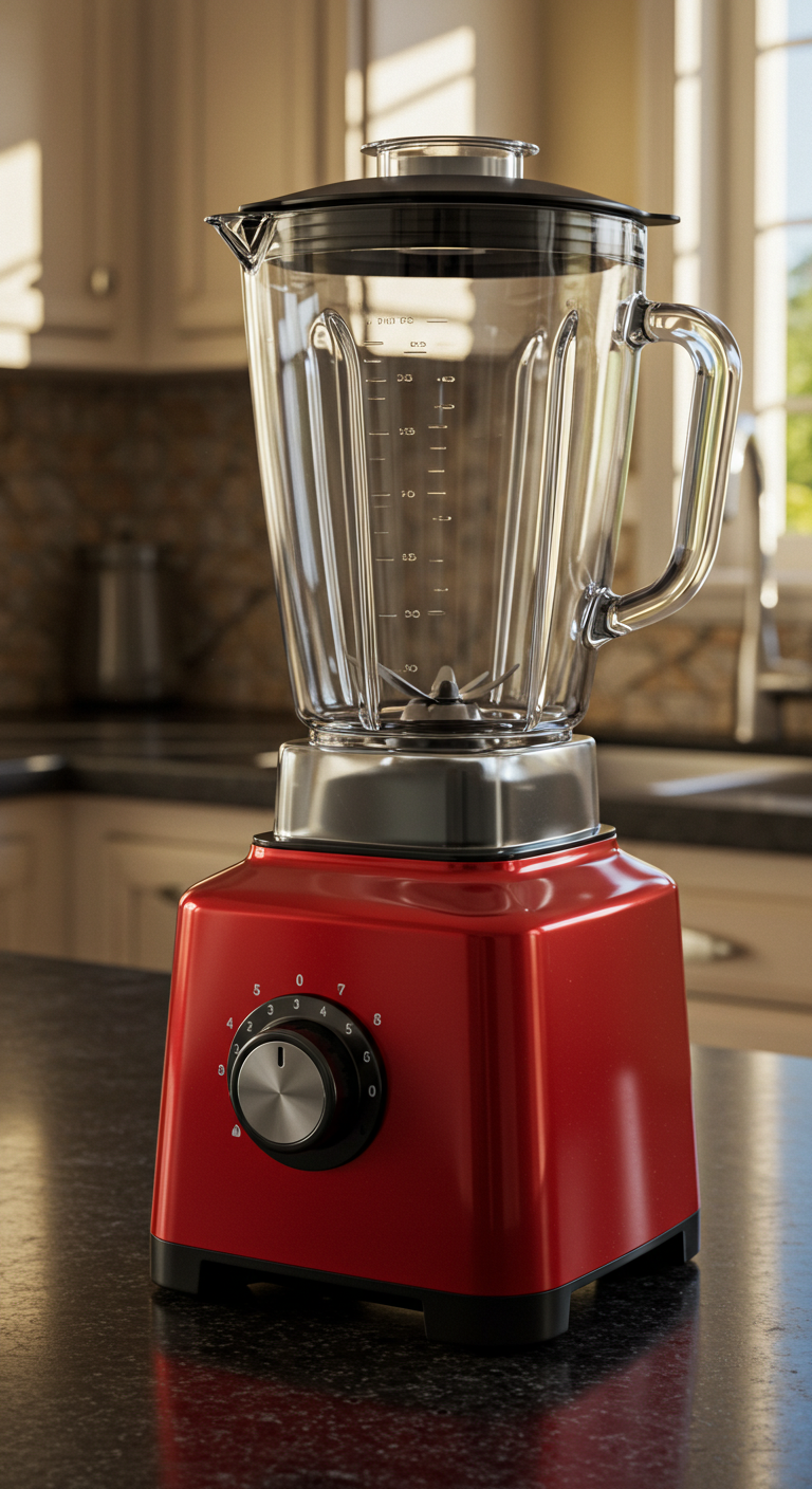 A new red blender in a kitchen