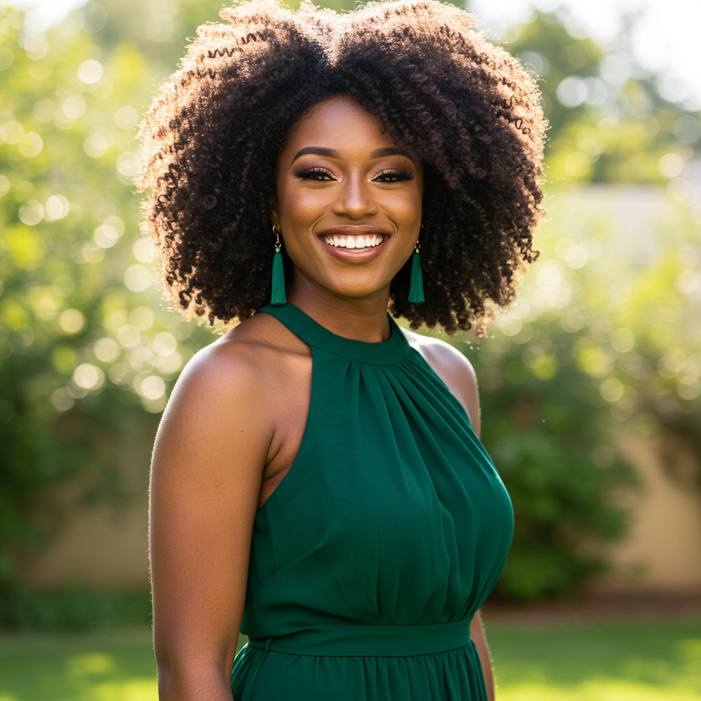 A pretty black woman in a green dress smiling #1