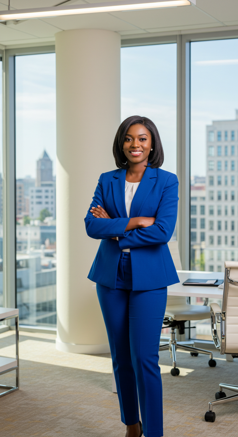 A beautiful black lady in a blue attire, standing in her office with her arms folded and smiling