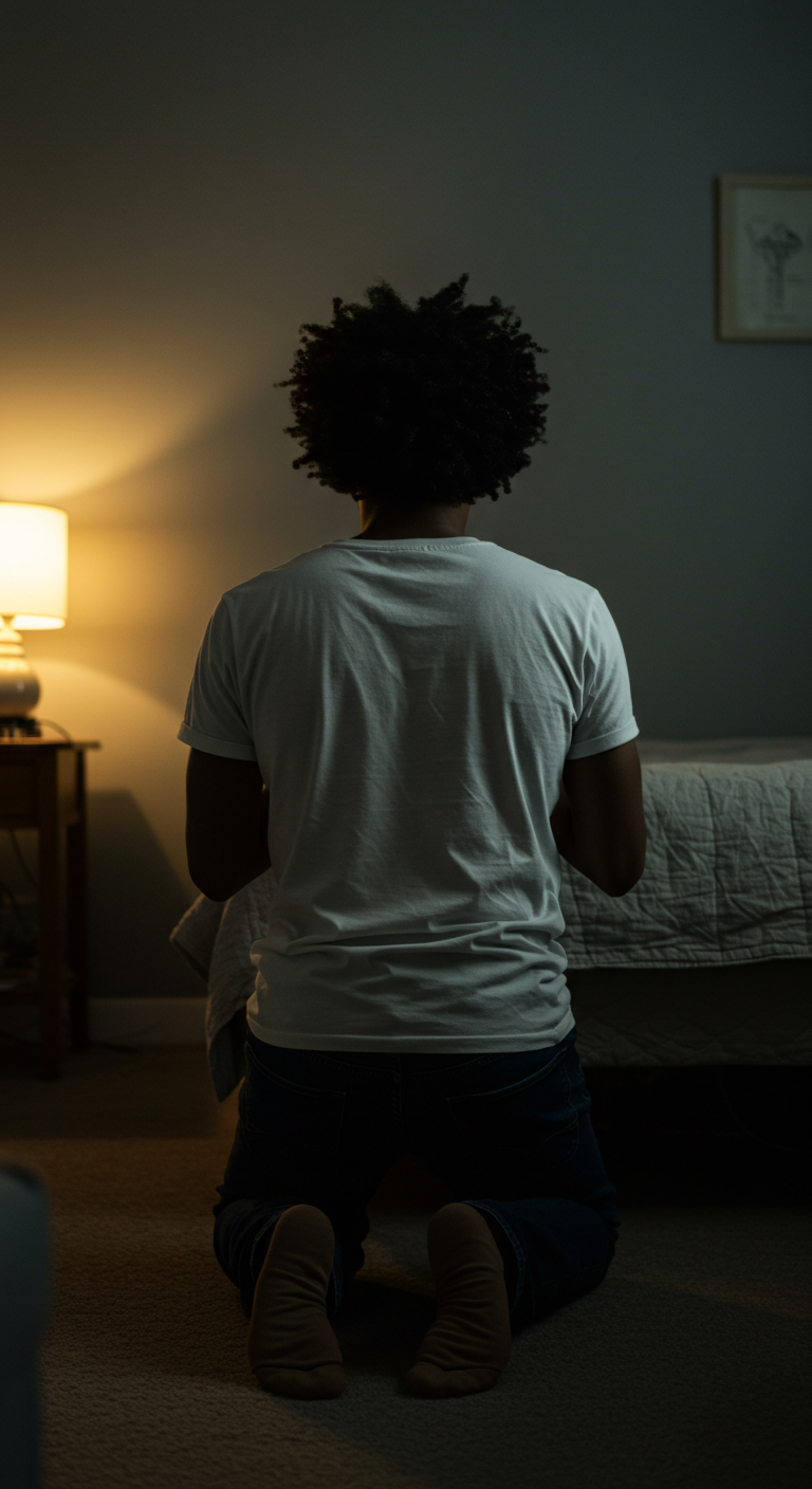 back view of a black person on their knees praying in their room #3