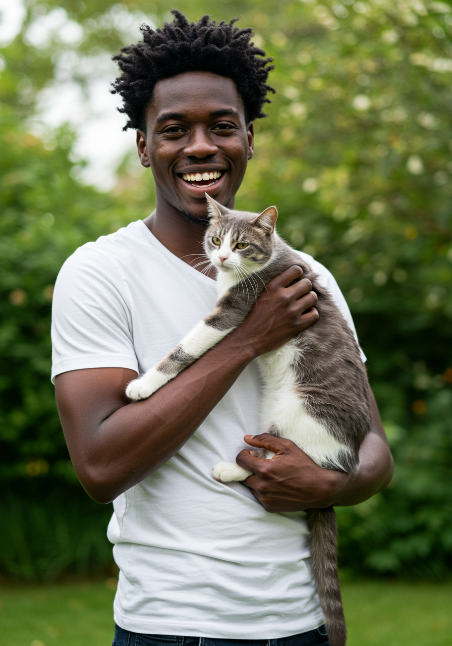 A young African man in a white shirt holding his cat