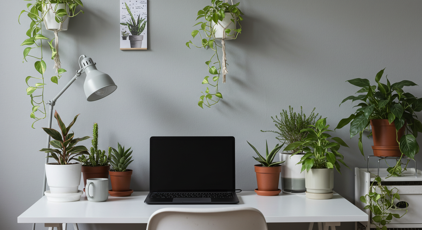 Home office setup with laptop and plants #1