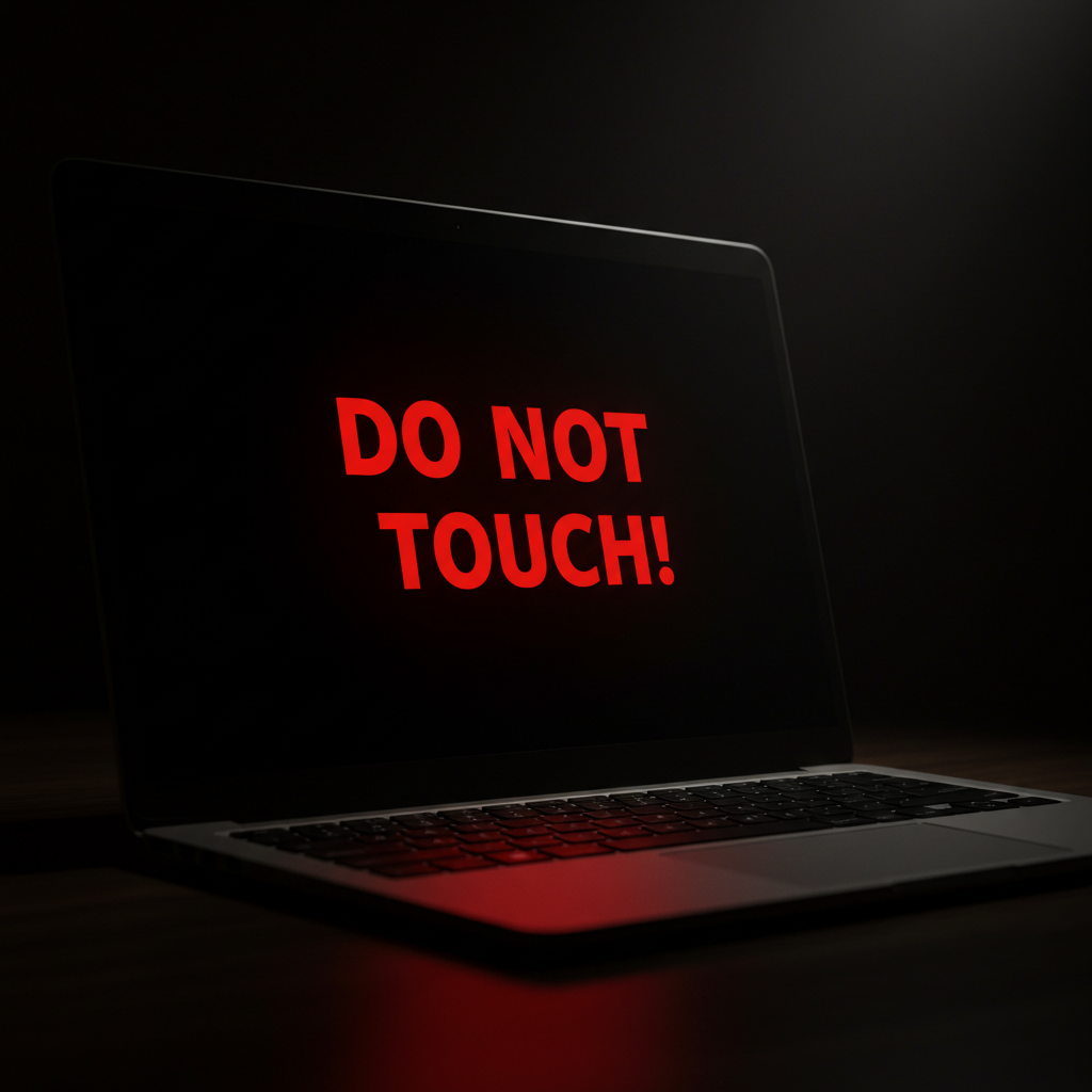 A laptop screen displaying an inscription "DO NOT TOUCH!" #2