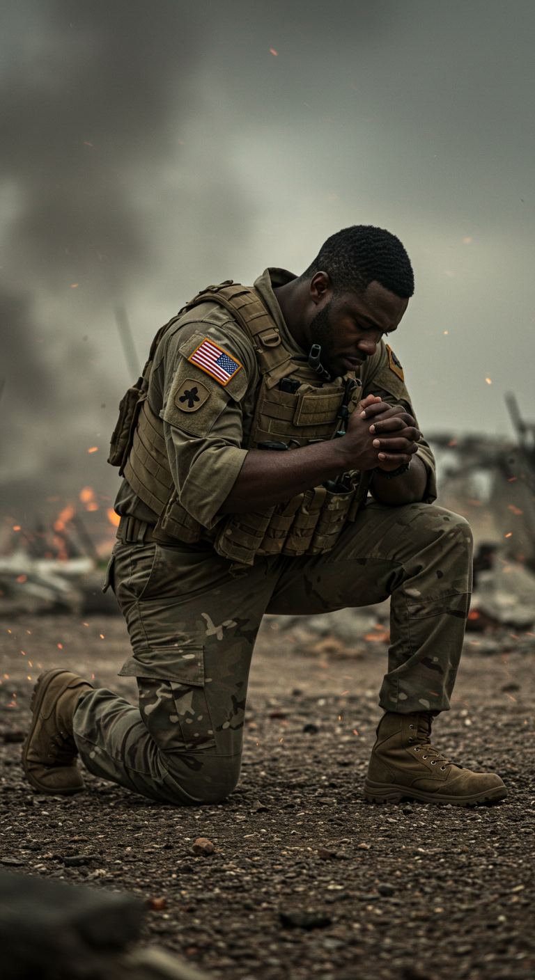 A black military man on his knees and praying