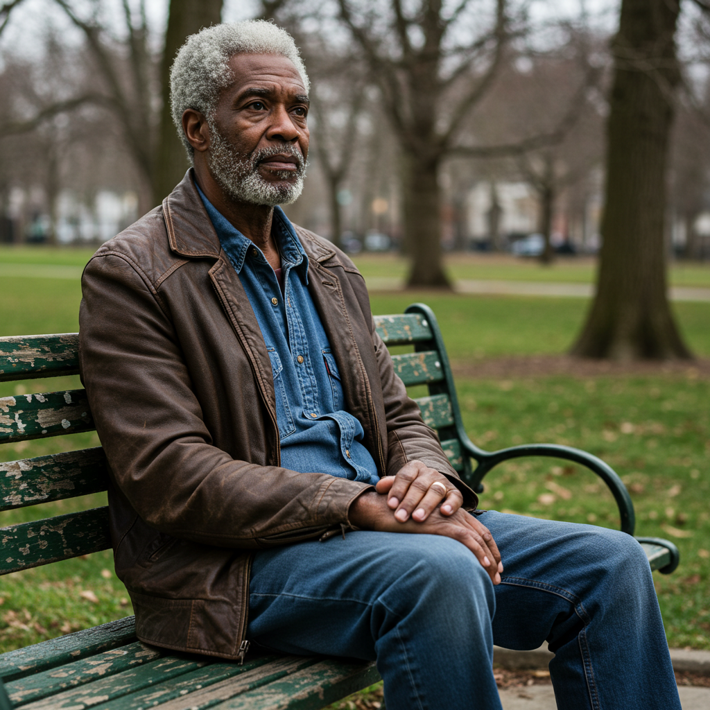 A fairly old black man sitting on a bench