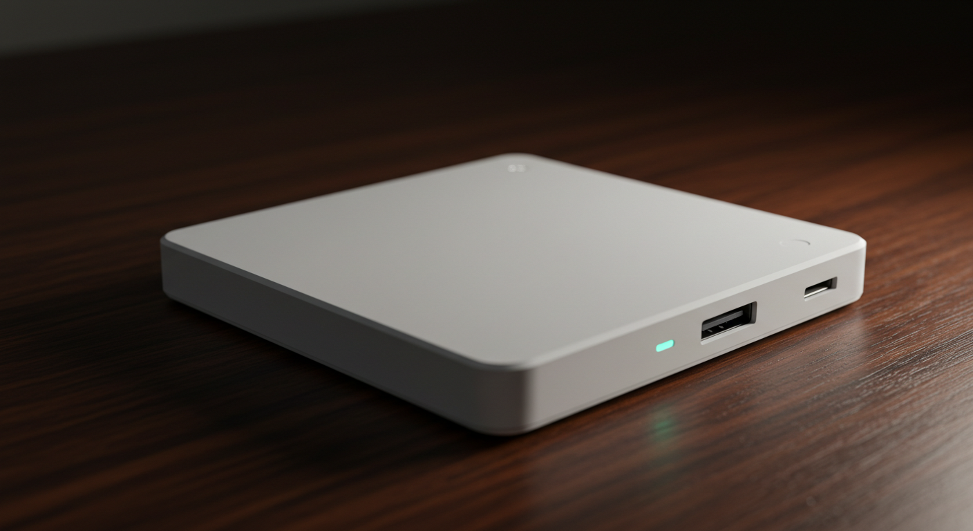 A portable white SSD on a desk #2