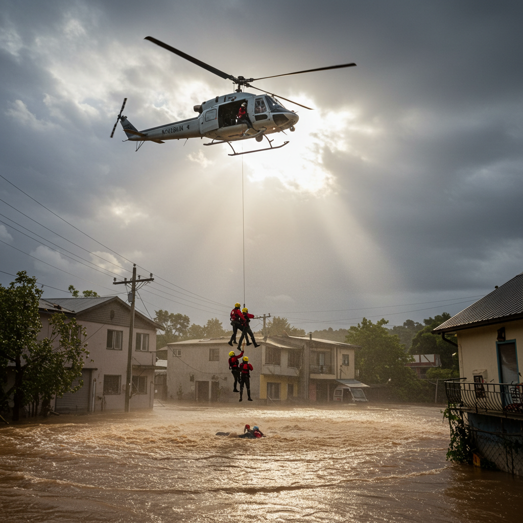 Helicopter rescue team saving stranded people from a flood #2