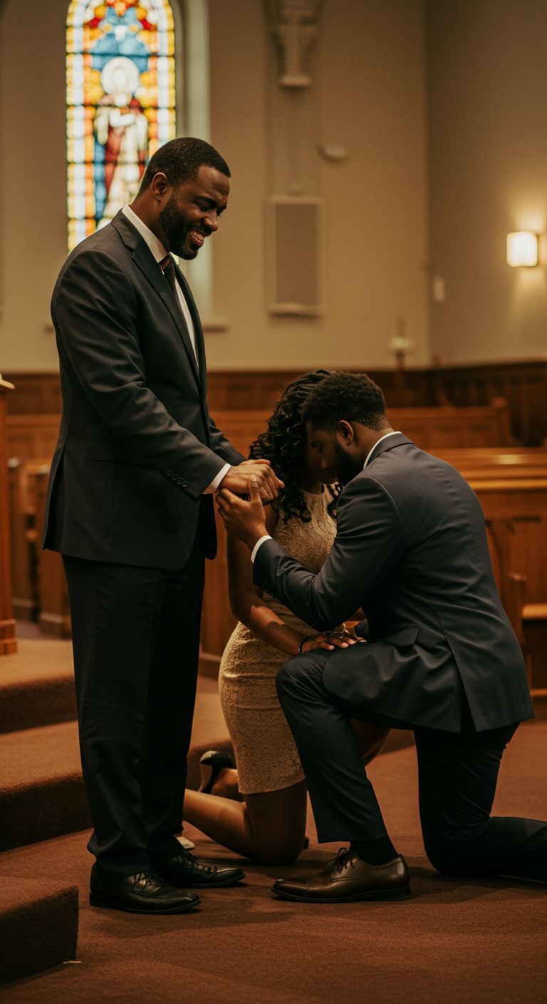 A Black Pastor praying for a young couple on their knees #1