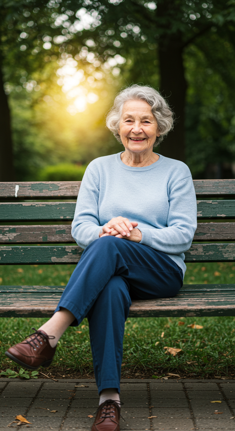 A fairly old woman sitting on a bench