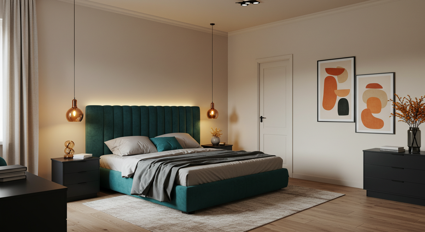 Modern bedroom interior with warm lighting #4