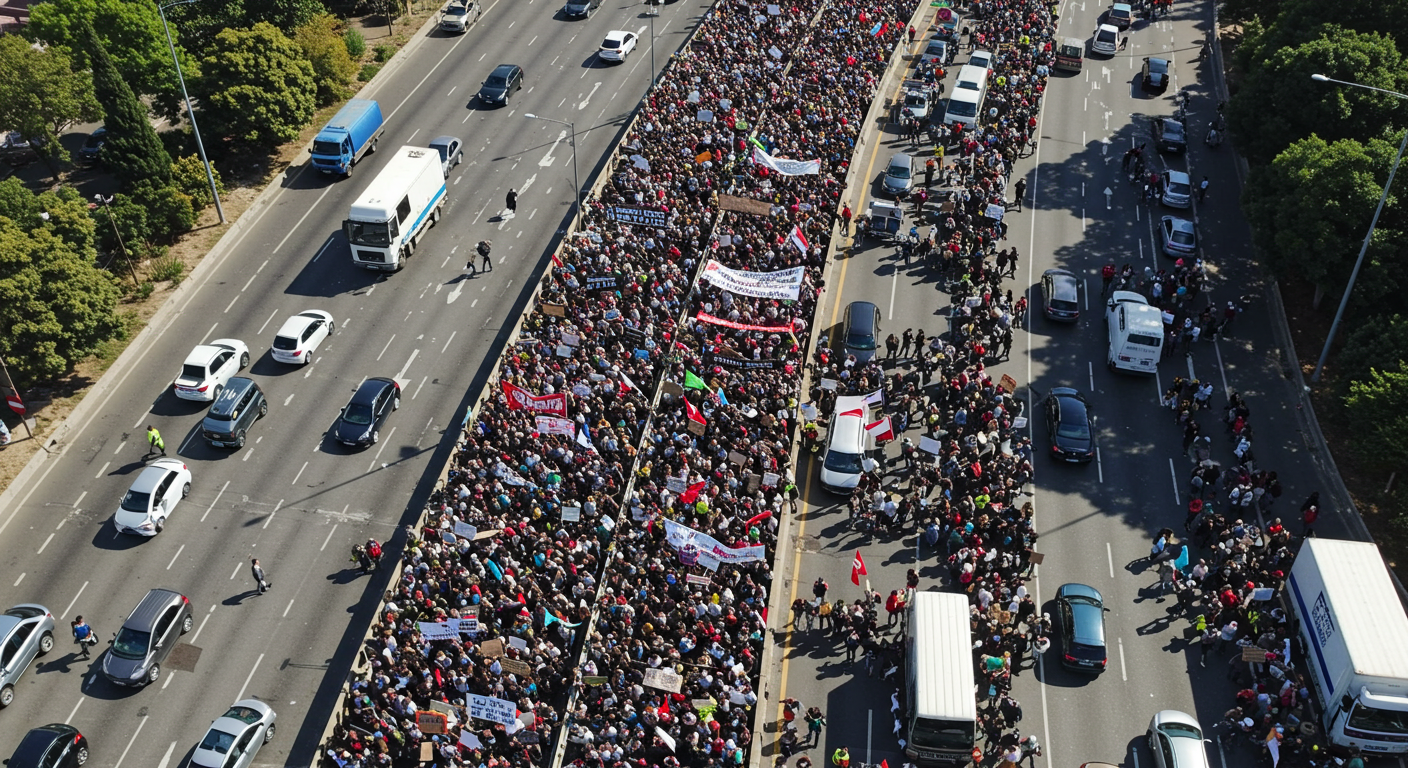 Dramatic overhead drone view of a protest march with thousands of people blocking a highway #1