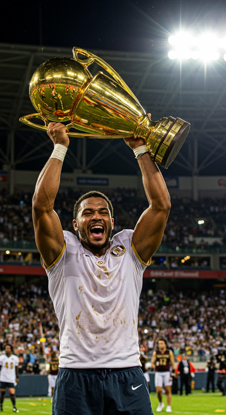A champion in a white shirt lifting a golden trophy under stadium lights
