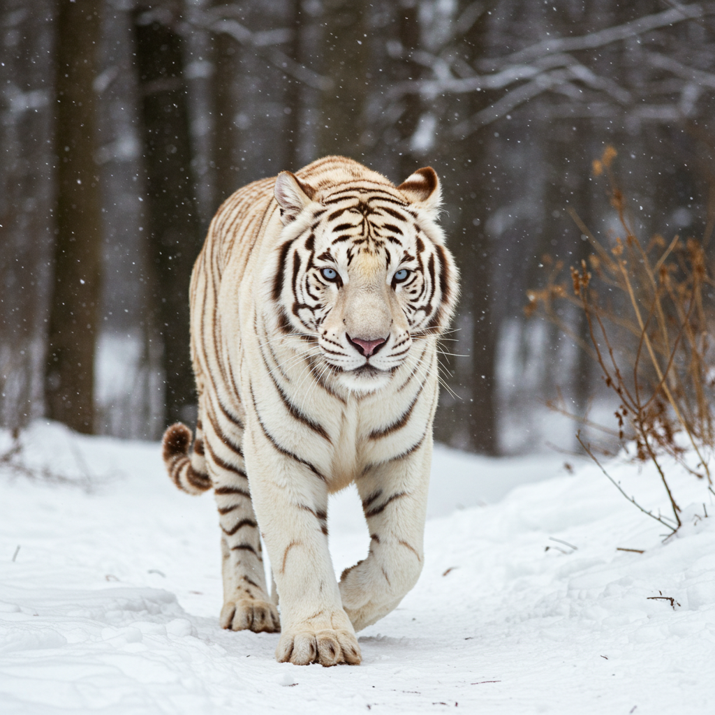 A majestic white tiger walking through a snowy forest
