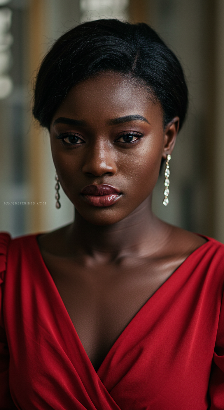 A pretty black woman in a red dress with a sad face #3