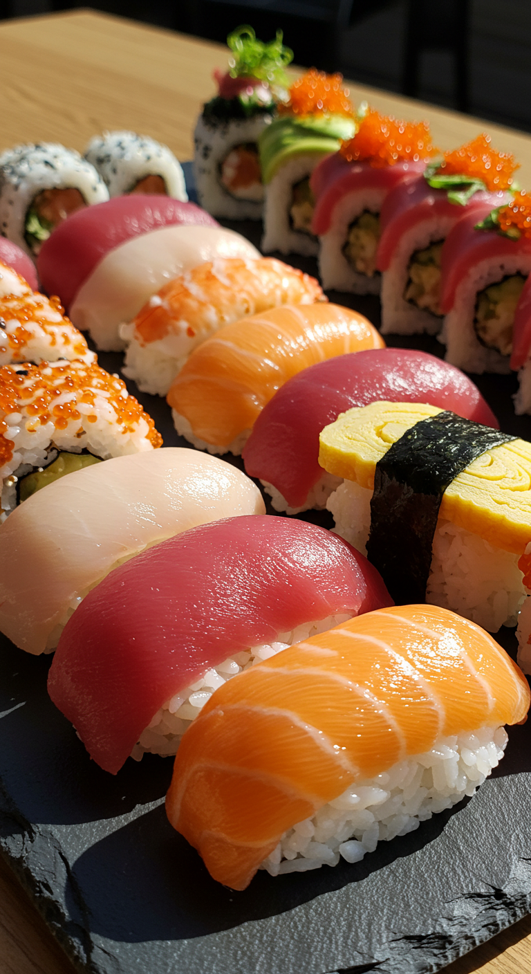 A vibrant plate of sushi beautifully arranged