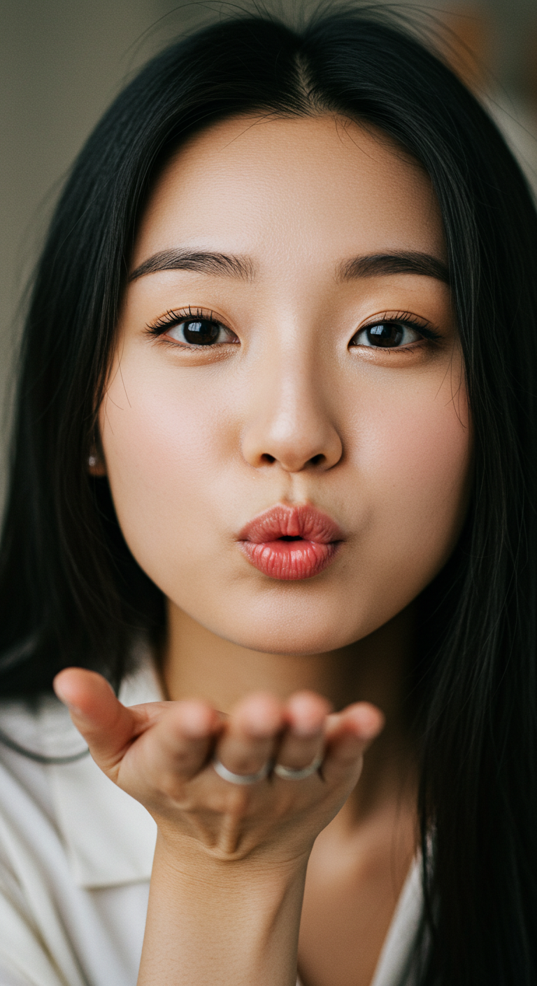 Close-up of an Asian lady blowing a kiss