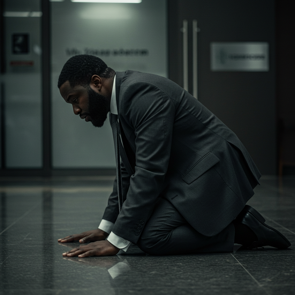 Side view of a black business man on his knees praying