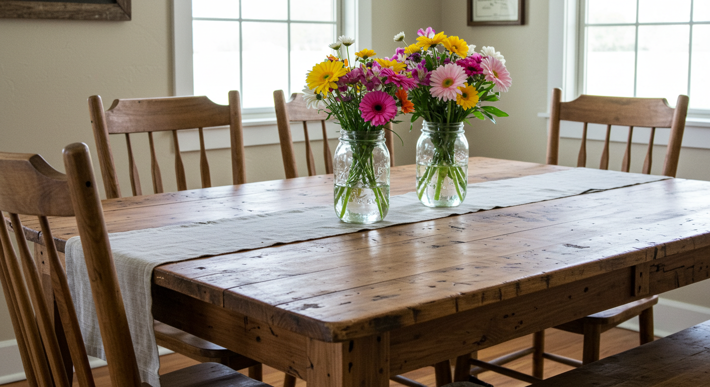Rustic wooden dining table set with fresh flowers #2
