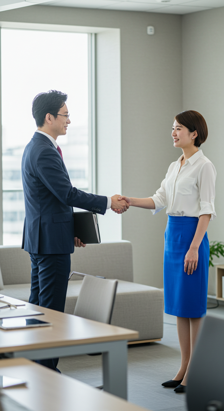 A white Businessman shaking hands with female colleague in office
