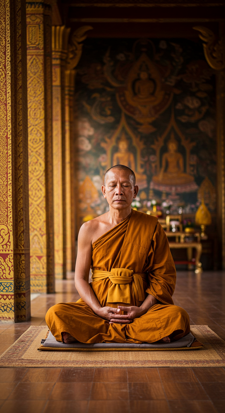 A peaceful monk meditating in a temple