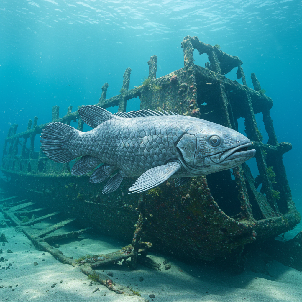 Ancient coelacanth fish swimming among shipwreck ruins
