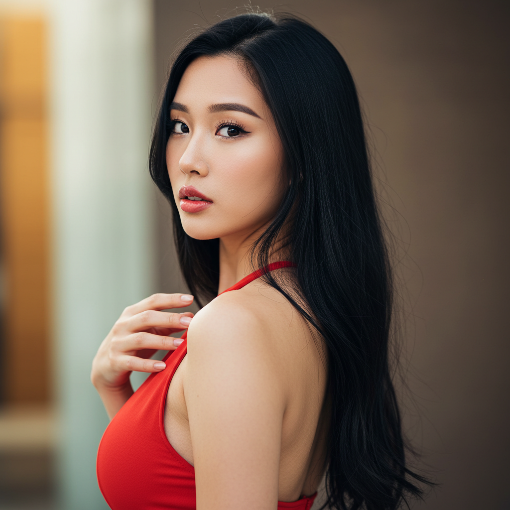 A sexy Asian model in a red dress