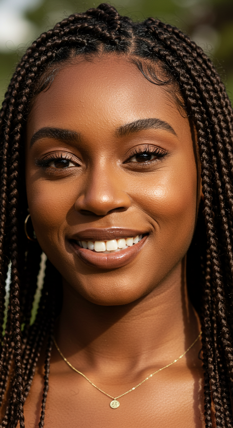 A portrait of a beautiful African lady with a necklace and smiling