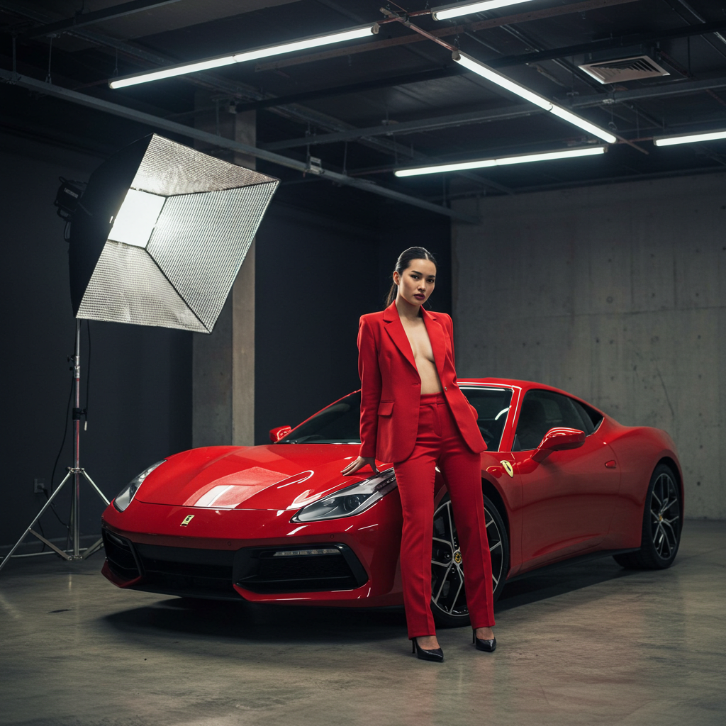 A sexy Asian model in a red suit standing by her red car #2
