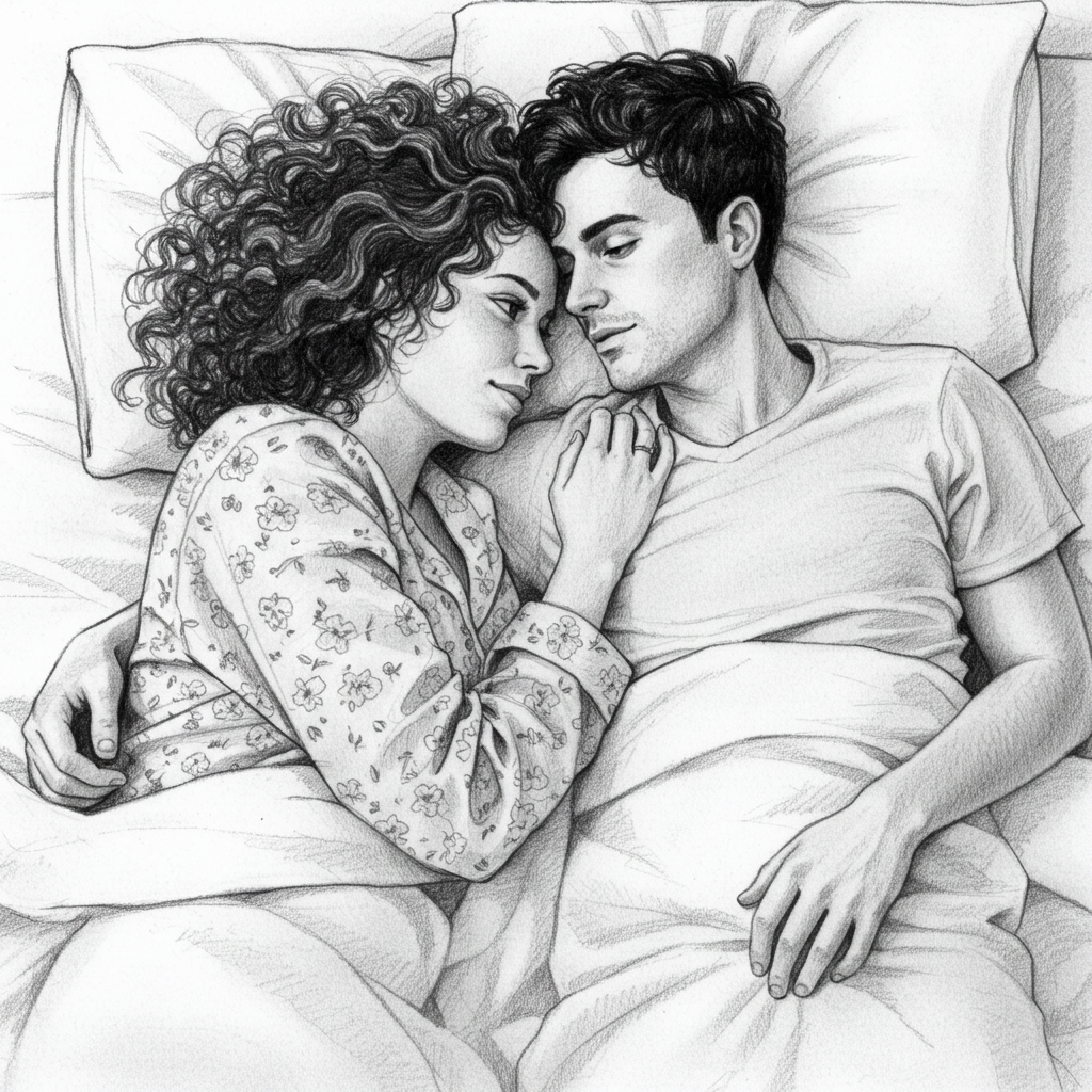 A pencil drawing of a couple in bed #1