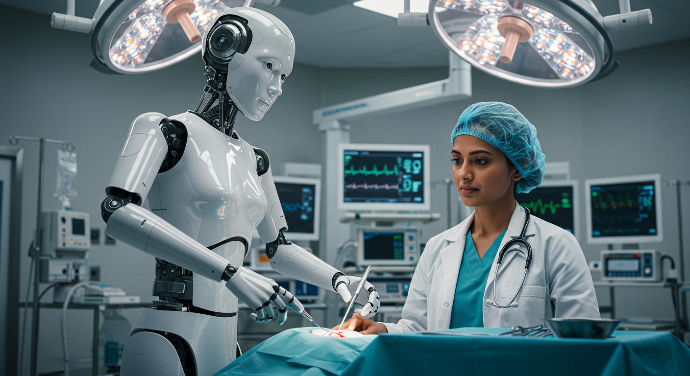 A humanoid robot assisting a doctor during surgery