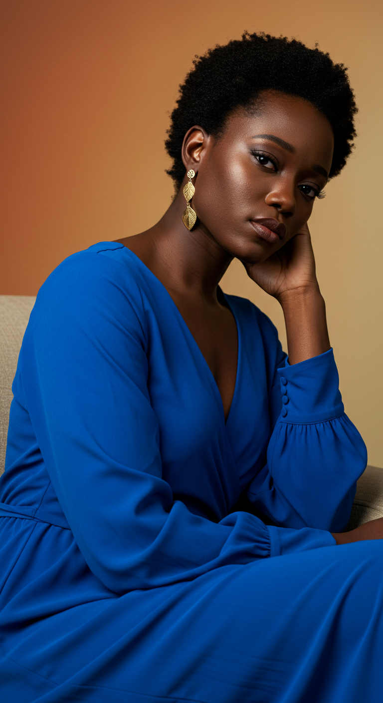A pretty black woman in a blue dress with a sad face #2
