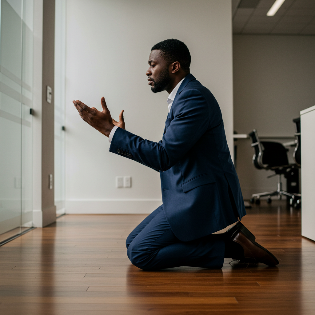 Side view of a black business man on his knees praying