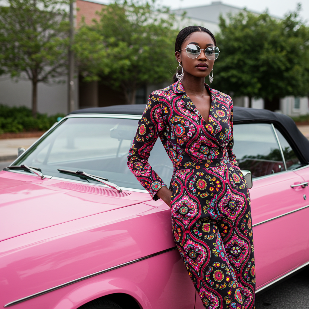 A photo of a black fashion lady standing by her pink car