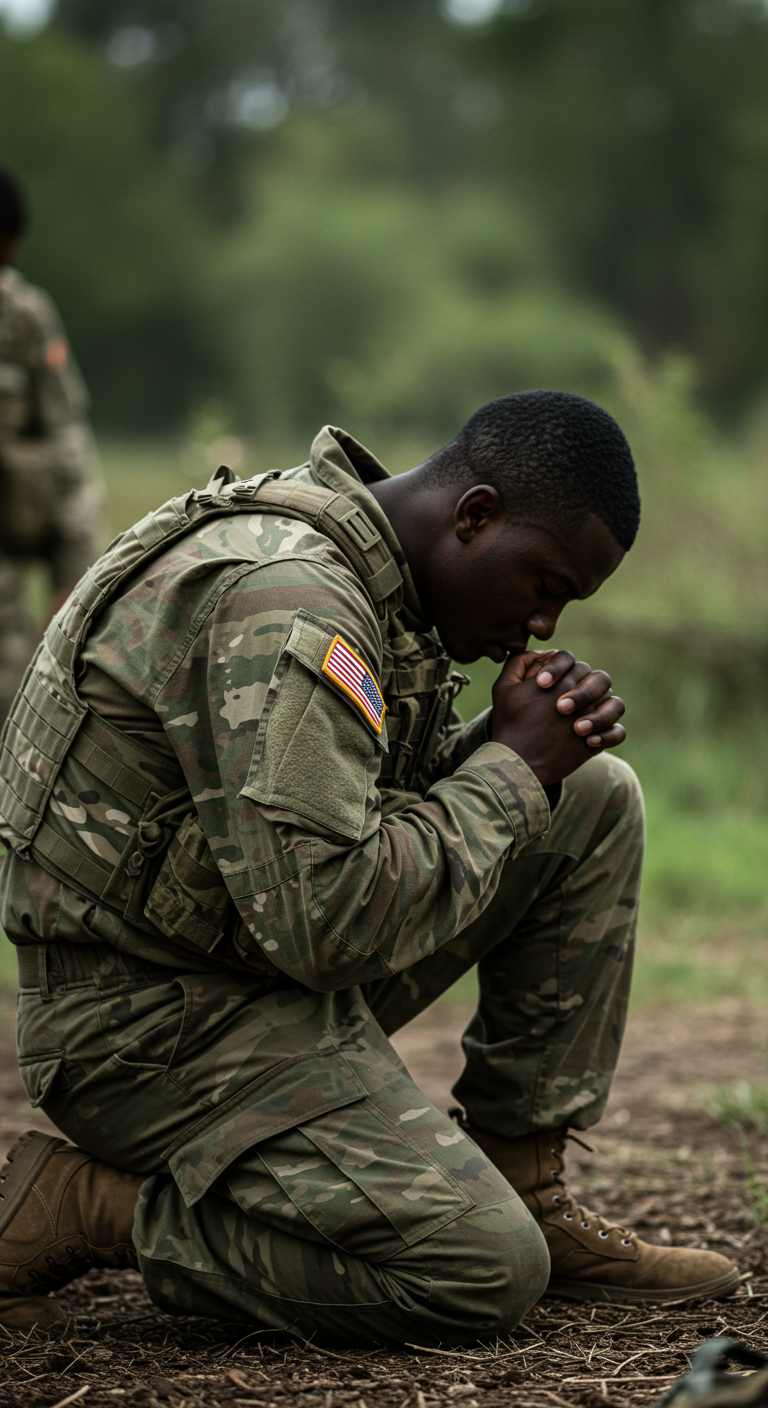 A black military man on his knees and praying