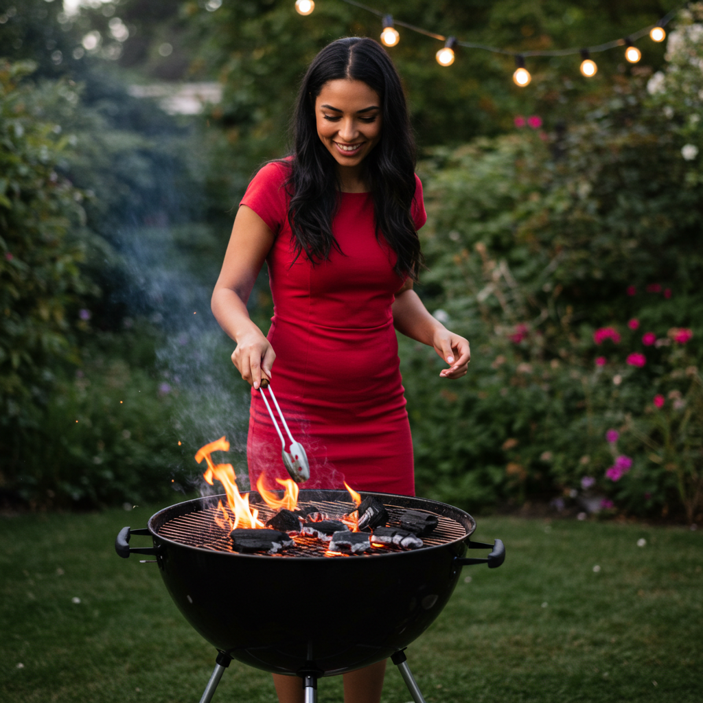A pretty woman in a red dress with a barbecue #1