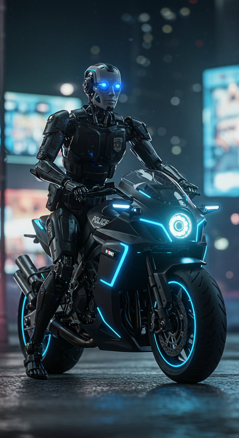A humanoid robot cop riding a futuristic bike