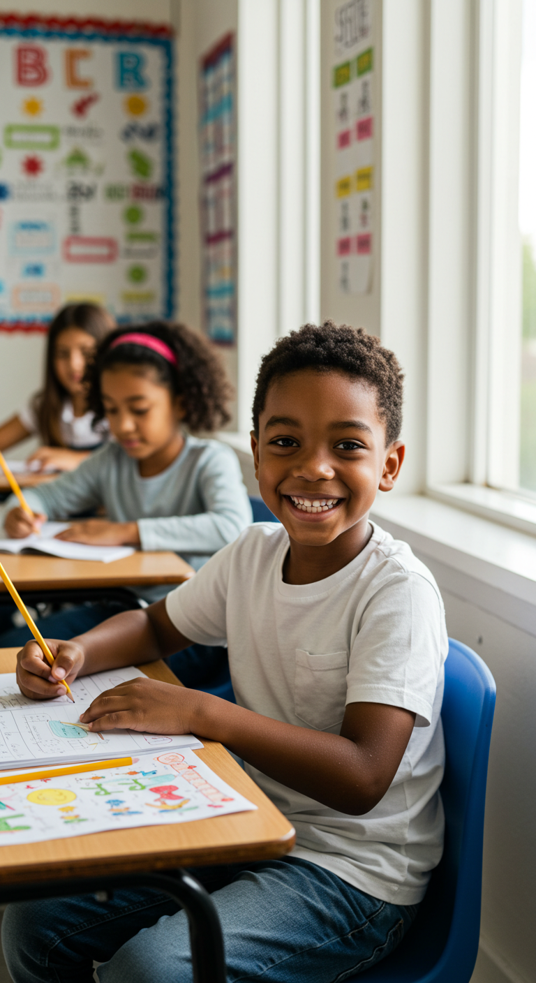 A black young boy in class