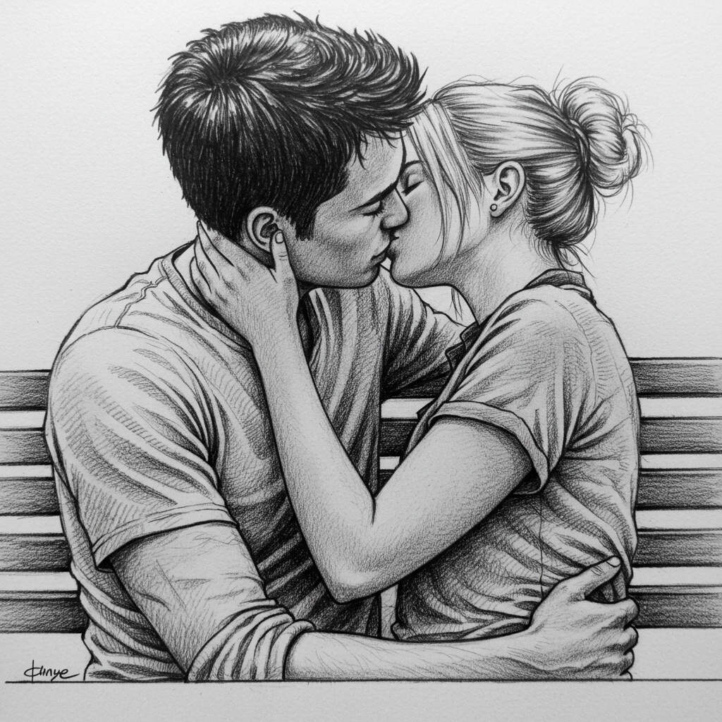 A pencil drawing of a couple kissing #2