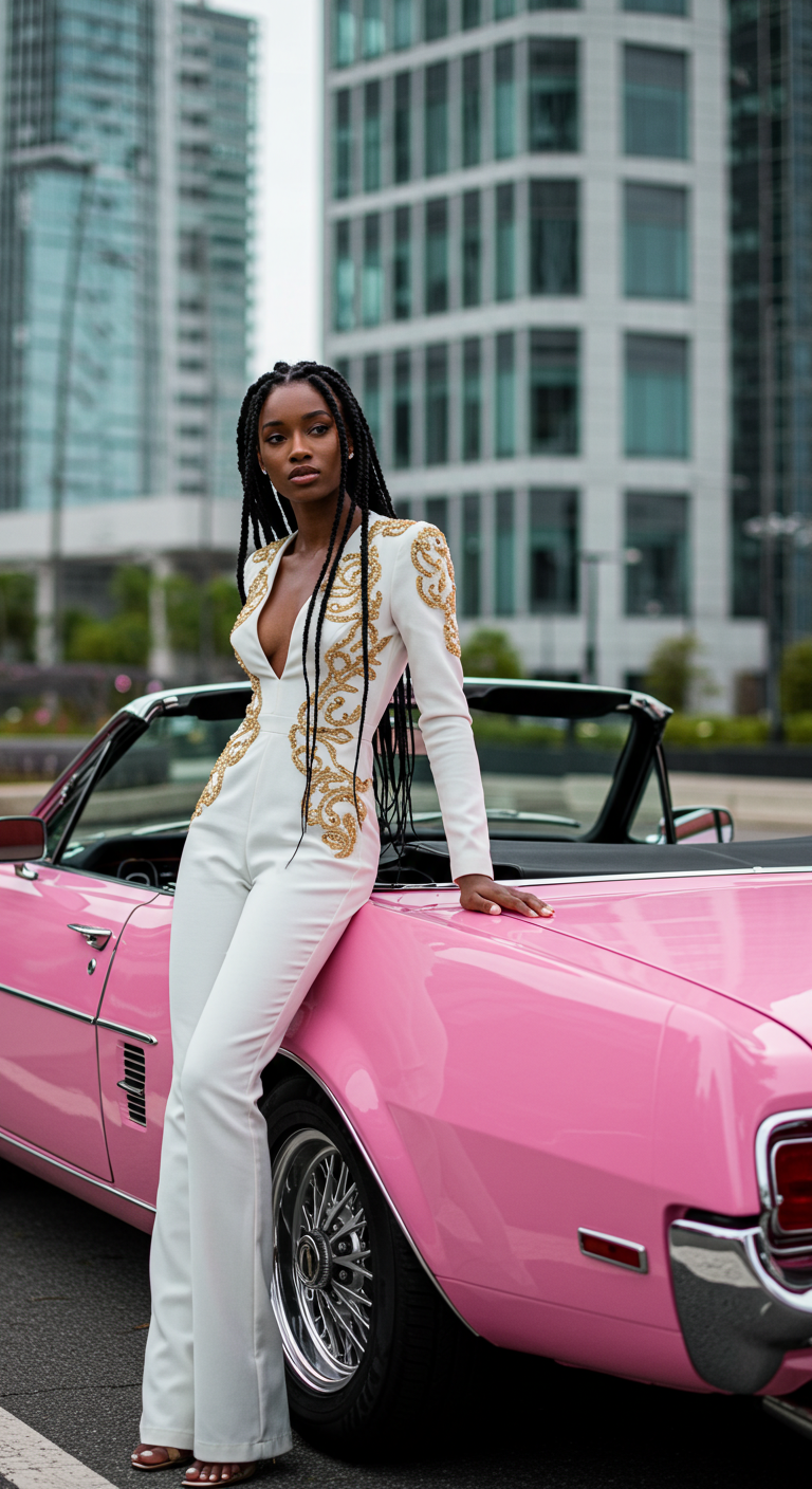 A black fashion woman standing by her pink car